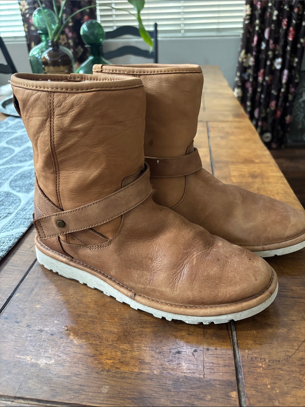 UGG Two Tone Chestnut Anali Nubuck Suede and Leather Shearling Strap Ankle Boots